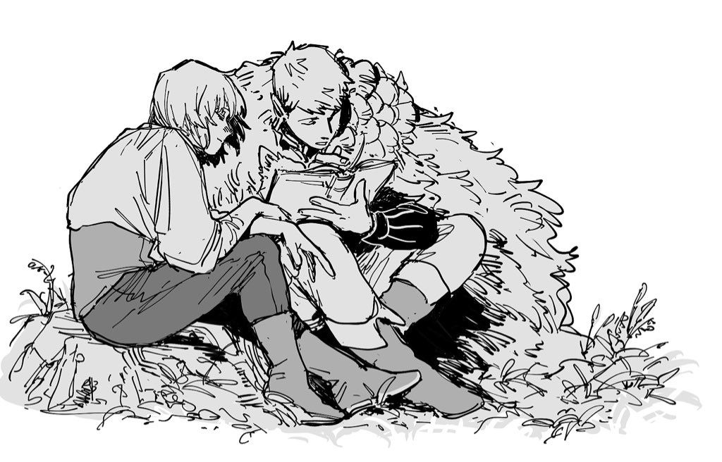 abaraya, falin touden, laios touden, dungeon meshi, commentary request, 1boy, 1girl, book, boots, brother and sister, cloak, closed eyes, fur-trimmed cloak, fur trim, greyscale, medium hair, monochrome, open book, pants, parted lips, plant, reading, rock, shirt, short hair, siblings, sitting, sketch, white background