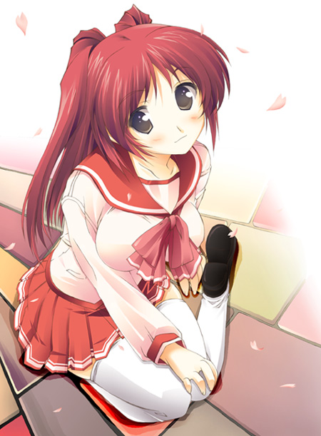 ssg, takamura kazuha, kousaka tamaki, to heart (series), to heart 2, 00s, 1girl, blush, brown eyes, female focus, long hair, pleated skirt, red hair, school uniform, serafuku, skirt, solo, thighhighs, twintails
