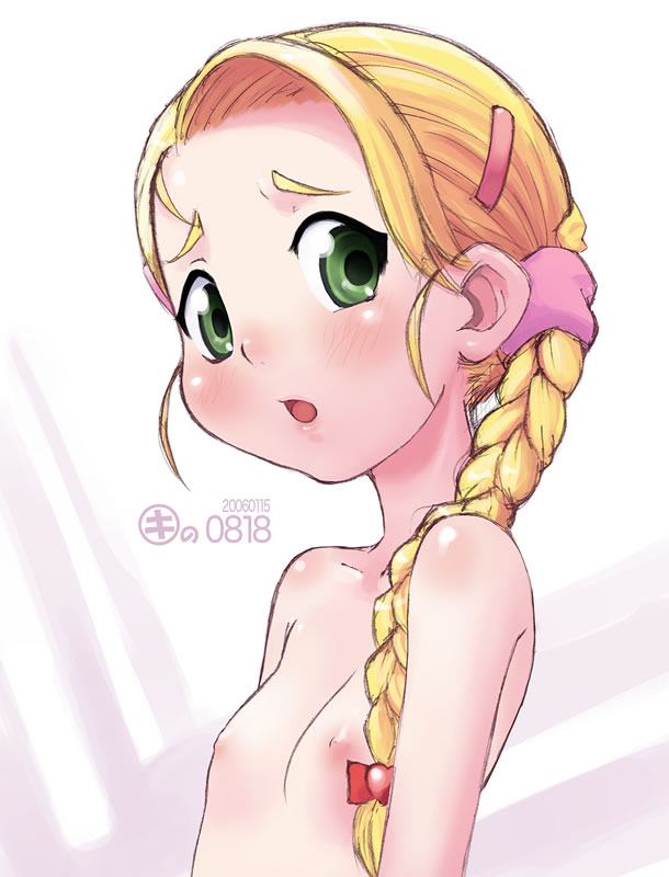 kei jiei, kujou hikari, futari wa precure, futari wa precure max heart, precure, 00s, 1girl, blonde hair, blush, braid, completely nude, female focus, flat chest, green eyes, grey eyes, hair ornament, hair over shoulder, hairclip, loli, long hair, nipples, nude, single braid, solo, white background