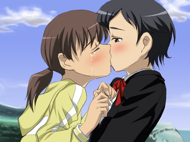 sanshita, kinjou kaori, otonashi saya, blood+, 00s, 2girls, black hair, blush, brown eyes, brown hair, kiss, multiple girls, school uniform, serafuku, short hair, tears, yuri