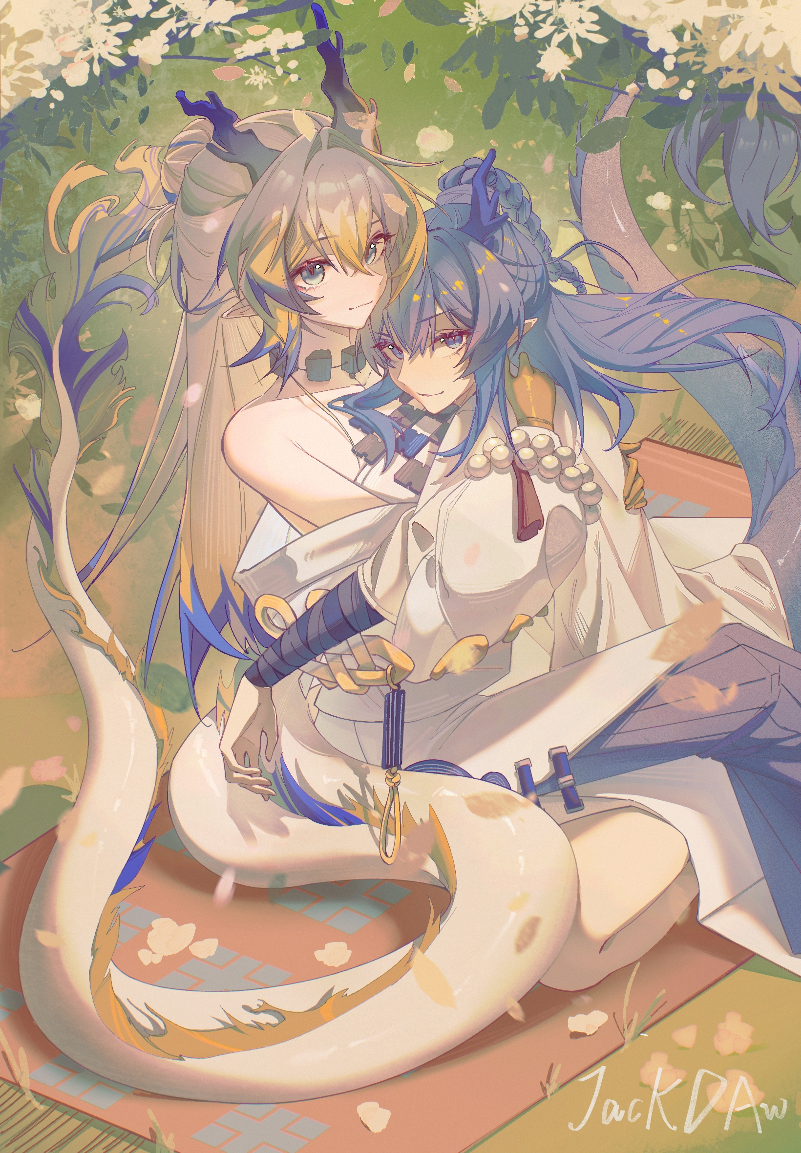 ling (arknights), shu (arknights), arknights, chinese commentary, commentary, highres, 2girls, bare shoulders, beads, blonde hair, blue eyes, blue hair, cainiaokeyichima, closed mouth, day, dragon girl, dragon horns, dragon tail, falling petals, flower, grey hair, hair between eyes, horns, hug, jacket, jewelry, long hair, looking at viewer, multicolored hair, multiple girls, necklace, off shoulder, outdoors, petals, picnic blanket, pointy ears, siblings, sisters, smile, tail, tassel, white flower, white jacket