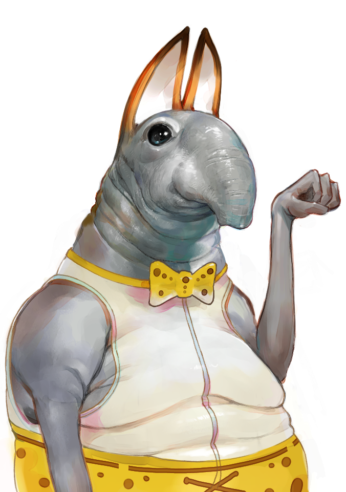 takahashi kenji, homunculus loxodontus, serval (kemono friends), kemono friends, commentary request, 1other, animal ears, bow, bowtie, cat ears, cosplay, creature, fat, hand up, print bow, print bowtie, serval (kemono friends) (cosplay), shirt, simple background, sleeveless, sleeveless shirt, upper body, white background, white shirt, yellow bow, yellow bowtie