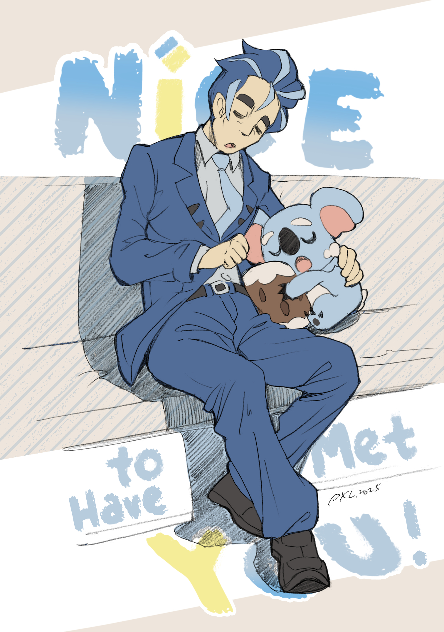 pxl (pxltw), komala, larry (pokemon), nintendo, pokemon, pokemon sv, commentary request, highres, 1boy, belt, blue jacket, blue pants, closed eyes, collared shirt, gen 7 pokemon, holding, holding pokemon, jacket, male focus, multicolored hair, necktie, open mouth, pants, pokemon (creature), shirt, shoes, short hair, sitting, sleeping, streaked hair