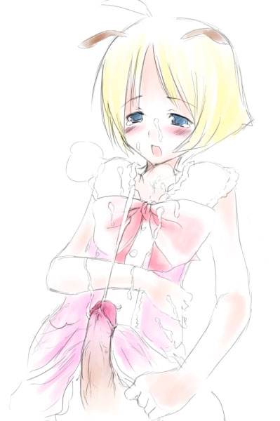 shimon (shimotsuma), shimotsuma, artist request, 1boy, androgynous, blonde hair, bow, bug, butterfly, crossdressing, crossdressing (mtf), cum, erection, half-closed eyes, insect, male focus, penis, shota, simple background, solo, trap, uncensored, white background