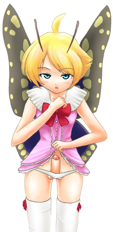 shimon (shimotsuma), shimotsuma, artist request, 1boy, antennae, blonde hair, bug, butterfly, butterfly wings, crossdressing, crossdressing (mtf), fairy, insect, insect wings, male focus, penis, shota, solo, thighhighs, trap, uncensored, wings