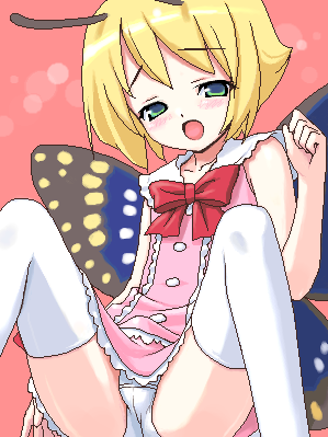 shimon (shimotsuma), shimotsuma, artist request, lowres, 1boy, 1girl, antennae, blonde hair, blush, bug, butterfly, butterfly wings, crossdressing, crossdressing (ftm), crossdressing (mtf), fairy, female focus, green eyes, insect, insect wings, loli, oekaki, panties, pink theme, shota, solo, thighhighs, trap, underwear, wings