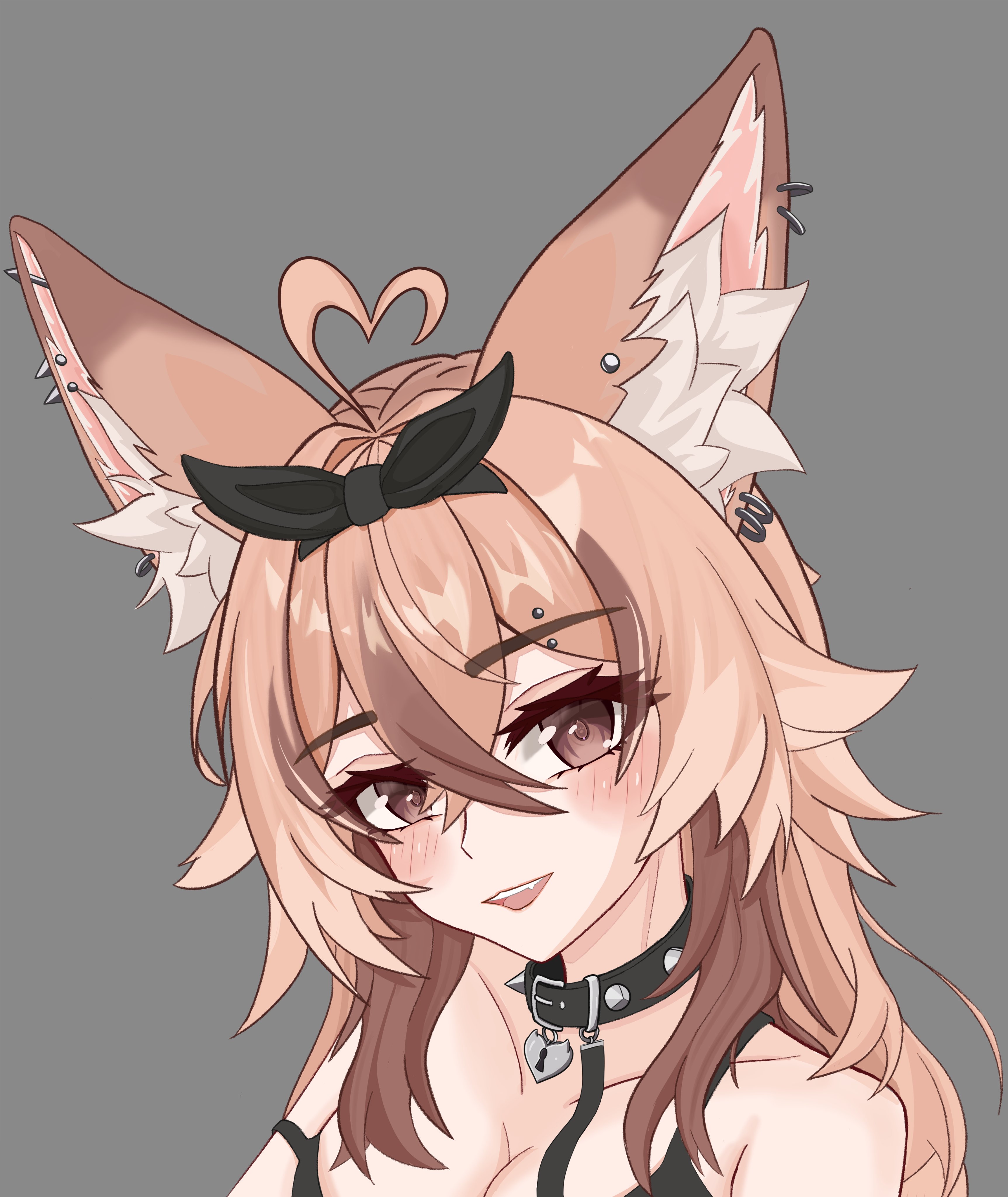 indie virtual youtuber, absurdres, commentary, english commentary, highres, unfinished, 1girl, ahoge, animal ear fluff, animal ear piercing, animal ears, anti-eyebrow piercing, bare shoulders, belt collar, black bow, black collar, blush, bow, breasts, brown eyes, brown hair, cleavage, collar, crossed bangs, double-parted bangs, effinfox, face piercing, fang, fennec fox, fox ears, fox girl, grey background, hair between eyes, hair bow, heart, heart-shaped lock, heart ahoge, long hair, looking at viewer, medium breasts, multiple piercings, open mouth, piercing, portrait, simple background, smile, solo, spiked collar, spikes, the real seed, virtual youtuber