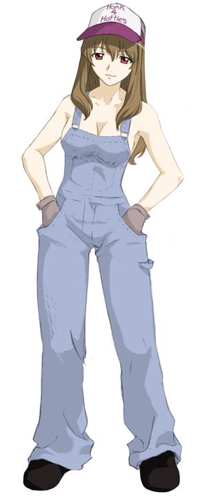jango-joe, fujino shizuru, my-hime, my-otome, 00s, 1girl, :3, baseball cap, black shoes, boots, breasts, brown hair, cleavage, female focus, gloves, hat, large breasts, long hair, naked overalls, no bra, overalls, red eyes, shoes, solo, topless female, trucker