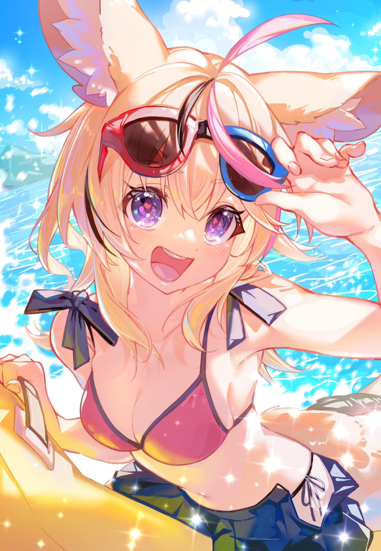 nmnkymd, omaru polka, hololive, highres, 1girl, adjusting eyewear, ahoge, animal ear fluff, animal ears, bare shoulders, bikini, blonde hair, blue sky, blush, bow, breasts, cleavage, cloud, cloudy sky, collarbone, day, eyewear on head, fox ears, fox girl, fox tail, long hair, looking at viewer, medium breasts, multicolored hair, navel, ocean, on innertube, open mouth, outdoors, purple eyes, sky, smile, solo, sparkle, streaked hair, summer, sunglasses, sunlight, swimsuit, tail, tree, virtual youtuber, water