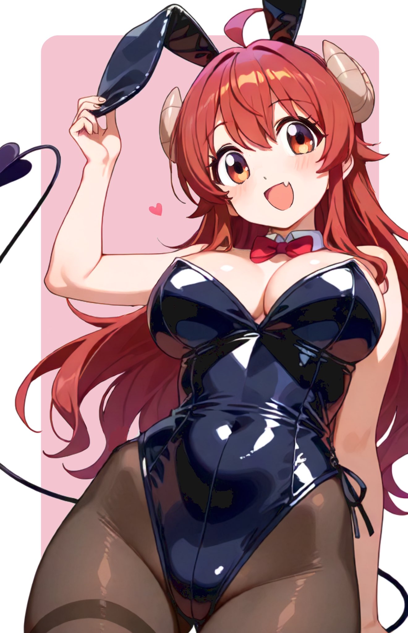 ehime mikan, yoshida yuuko (machikado mazoku), machikado mazoku, highres, 1girl, animal ears, black leotard, blush, bow, bowtie, braid, breasts, demon girl, demon horns, demon tail, fake animal ears, fang, feet out of frame, fishnet pantyhose, fishnets, happy, heart, horns, large breasts, leotard, long hair, looking at viewer, open mouth, pantyhose, playboy bunny, rabbit ears, rabbit girl, red bow, red bowtie, red eyes, red hair, single braid, solo, standing, tail