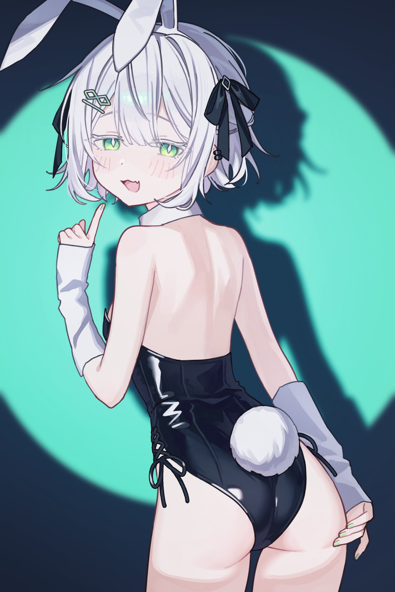 namin (anjpzaobmhbppxs), original, highres, 1girl, animal ears, ass, black leotard, black ribbon, collar, colored eyelashes, cowboy shot, detached collar, diamond-shaped pupils, diamond (shape), fake animal ears, fake tail, finger to mouth, from behind, green eyes, hair ornament, hair ribbon, hairclip, leotard, looking at viewer, playboy bunny, rabbit ears, rabbit tail, ribbon, short hair, solo, symbol-shaped pupils, tail, white arm warmers, white collar, white hair