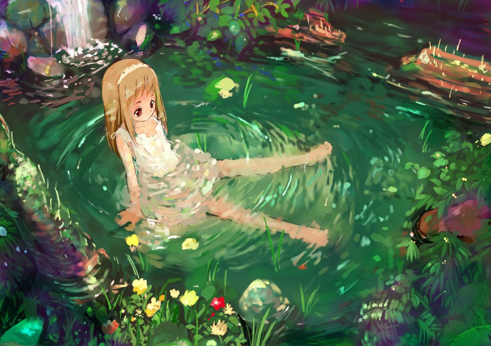 kusaka souji, original, barefoot, blonde hair, brown eyes, camisole, dress, feet in water, flower, headband, nature, scenery, soaking feet, water, waterfall, wet