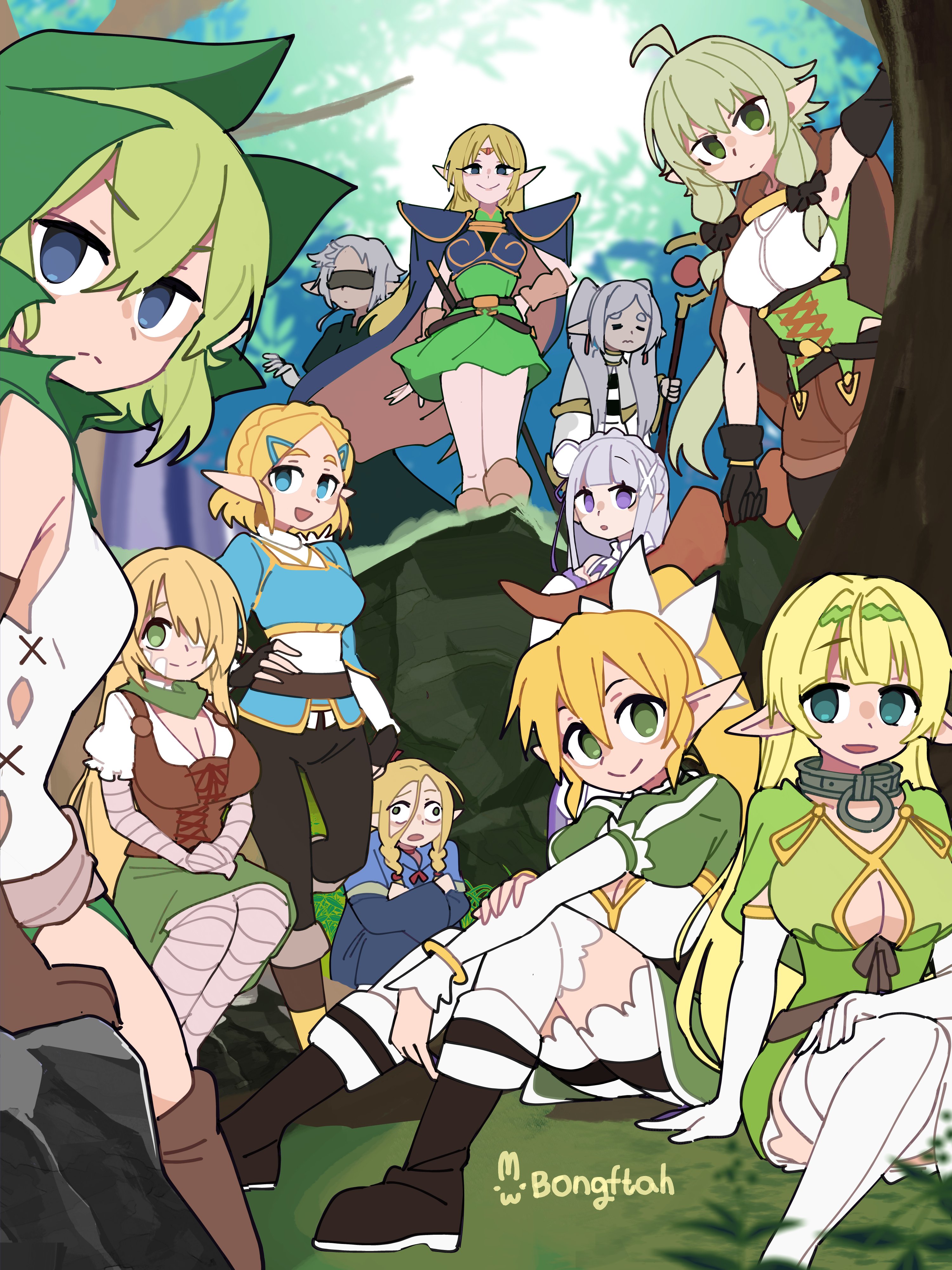 bongfill, deedlit, emilia (re:zero), frieren, high elf archer (goblin slayer!), leafa (sao), marcille donato, princess zelda, reszurre, ryu lion, shera l. greenwood, sylphiette (mushoku tensei), boroboro no elf-san wo shiawase ni suru kusuri uri-san, dungeon meshi, dungeon ni deai wo motomeru no wa machigatteiru darou ka, goblin slayer!, isekai maou to shoukan shoujo no dorei majutsu, mushoku tensei, nintendo, re:zero kara hajimeru isekai seikatsu, record of lodoss war, sousou no frieren, sword art online, the legend of zelda, the legend of zelda: tears of the kingdom, absurdres, commentary, highres, symbol-only commentary, 6+girls, artist name, blonde hair, blue eyes, braid, breasts, cleavage, closed mouth, crossover, elbow gloves, elf, forest, gloves, green hair, green hairband, grey hair, hairband, holding, holding staff, long hair, mage staff, multiple crossover, multiple girls, nature, open mouth, outdoors, pointy ears, ponytail, sitting, staff, standing, thighhighs, tree, twintails, white thighhighs