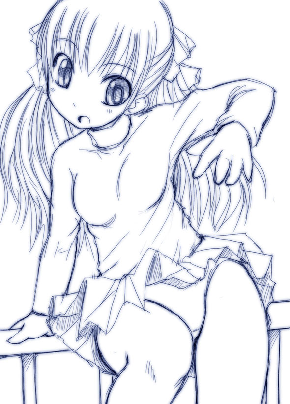 bosshi, 1girl, :o, arm support, blush, bow, embarrassed, female focus, greyscale, hair ribbon, long hair, looking down, monochrome, open mouth, panties, pantyshot, pleated skirt, ribbon, simple background, sitting, sketch, skirt, solo, surprised, turtleneck, twintails, underwear, wind, wind lift