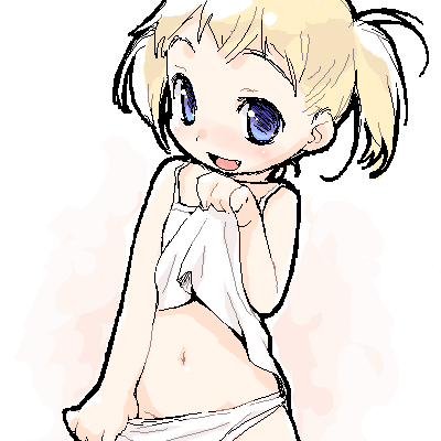 artist request, copyright request, lowres, 1girl, blonde hair, camisole, clothes lift, female focus, loli, oekaki, panties, shirt lift, solo, twintails, underwear