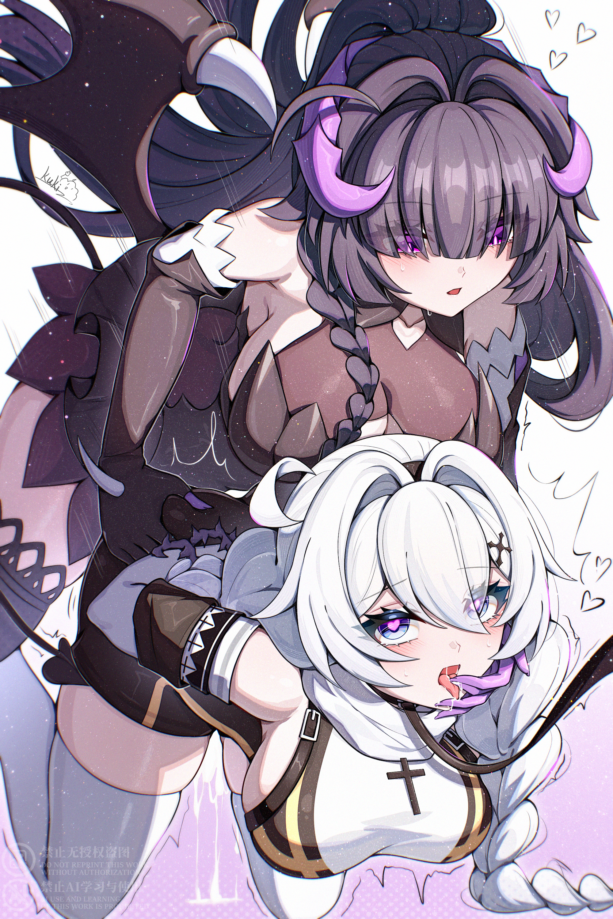 cutescookie, kiana kaslana, kiana kaslana (divine prayer), raiden mei, raiden mei (eventide phantom), raiden mei (lightning empress), honkai (series), honkai impact 3rd, absurdres, commentary request, highres, 2girls, alternate costume, arms behind back, artist name, black gloves, black hair, blue eyes, braid, breasts, cross, cross necklace, demon wings, dress, elbow gloves, futa with female, futanari, gloves, grabbing another's arm, hair intakes, heart, heart-shaped pupils, horns, jewelry, large breasts, leash, long hair, multiple girls, necklace, ponytail, purple eyes, purple horns, saliva, sex, sex from behind, skindentation, symbol-shaped pupils, tongue, tongue out, trembling, watermark, white dress, white hair, wings