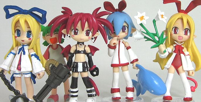 etna (disgaea), flonne, flonne (fallen angel), koiwai yotsuba, pleinair, same-san, disgaea, makai senki disgaea, original, yotsubato!, photo (medium), 00s, 5girls, bloomers, chibi, crossover, fallen angel, figure, leotard, long sleeves, multiple girls, odd one out, red leotard, stuffed animal, stuffed toy, thighhighs, underwear, white bloomers