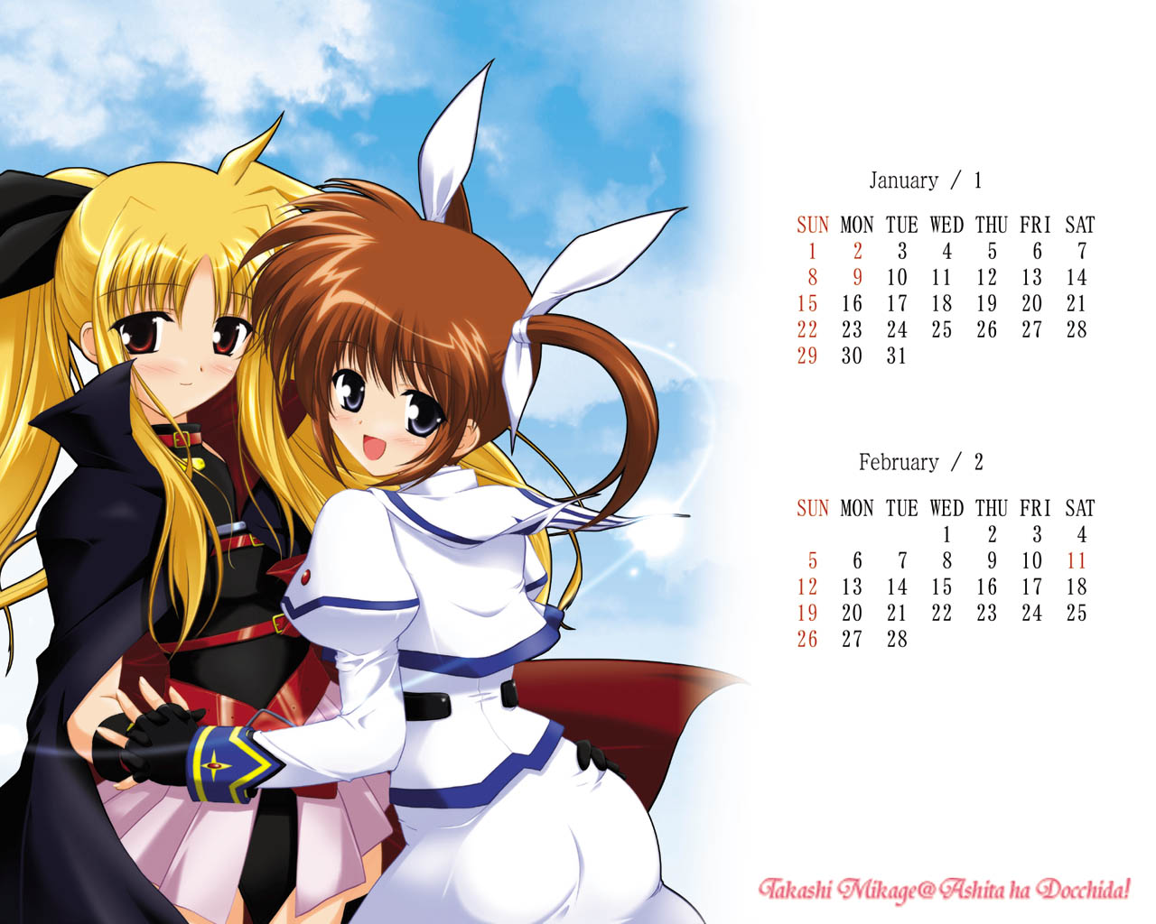mikage takashi, fate testarossa, fate testarossa (lightning form), takamachi nanoha, takamachi nanoha (sacred mode), lyrical nanoha, mahou shoujo lyrical nanoha, mahou shoujo lyrical nanoha a's, 00s, 2006, 2girls, belt, blonde hair, calendar, cape, february, fingerless gloves, gloves, interlocked fingers, january, magical girl, multiple girls, purple eyes, red eyes, red hair, twintails