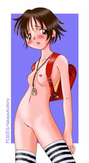 1girl, backpack, bag, female focus, loli, nipples, nude, pee, peeing, randoseru, solo, striped clothes, striped thighhighs, thighhighs