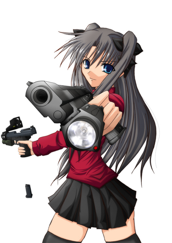 su-35 (artist), tohsaka rin, fate/stay night, fate (series), walther, 00s, 1girl, beretta 92, black hair, black thighhighs, blue eyes, desert eagle, dual wielding, female focus, gun, handgun, hands on own hips, holding, locked slide, long hair, magazine (weapon), magazine ejection, pistol, semi-automatic pistol, skirt, solo, thighhighs, turtleneck, twintails, two side up, weapon, zettai ryouiki