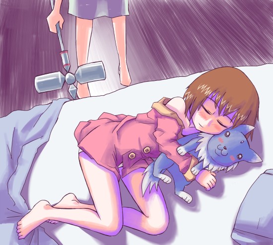 graf eisen, vita (nanoha), yagami hayate, zafira, lyrical nanoha, mahou shoujo lyrical nanoha, mahou shoujo lyrical nanoha a's, 00s, 2girls, barefoot, bed, blush, brown hair, character doll, closed eyes, dog, doll, lying, multiple girls, on bed, on side, short hair, sleeping, stuffed animal, stuffed toy