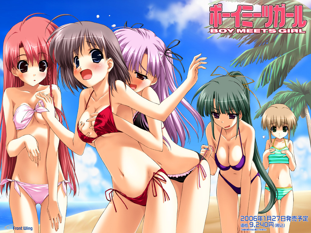shintarou, kasugano haruna, kumotani chizuru, shingyouji mao, souma nanami, tsubasa miu, boy meets girl, bad tag, striped, wallpaper, 5girls, ahoge, bandeau, beach, bikini, blue eyes, blush, braid, breast envy, breasts, brown hair, cleavage, flat chest, front-tie top, grabbing another's breast, green eyes, green hair, grey hair, groping, hair ribbon, large breasts, leaning forward, long hair, lowleg, lowleg bikini, midriff, multiple girls, naughty face, open mouth, pink hair, ponytail, purple eyes, purple hair, ribbon, short hair, side-tie bikini bottom, side braid, sports bikini, striped bikini, striped one-piece swimsuit, surprised, swimsuit, tube top, underboob, very long hair