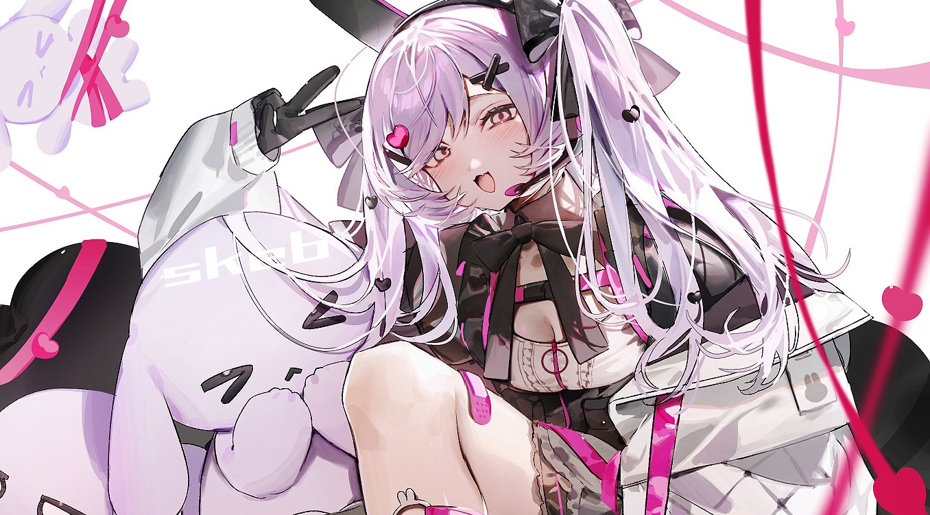 mayutsuba mono, original, commission, skeb commission, 1girl, :3, bandaid on thigh, black bow, black gloves, blush, bow, breasts, cleavage, gloves, hair bow, hair ornament, heart, heart hair ornament, jacket, large breasts, long hair, long sleeves, looking at viewer, open clothes, open jacket, open mouth, purple hair, sitting, solo, twintails, v, white jacket, x hair ornament, yellow eyes