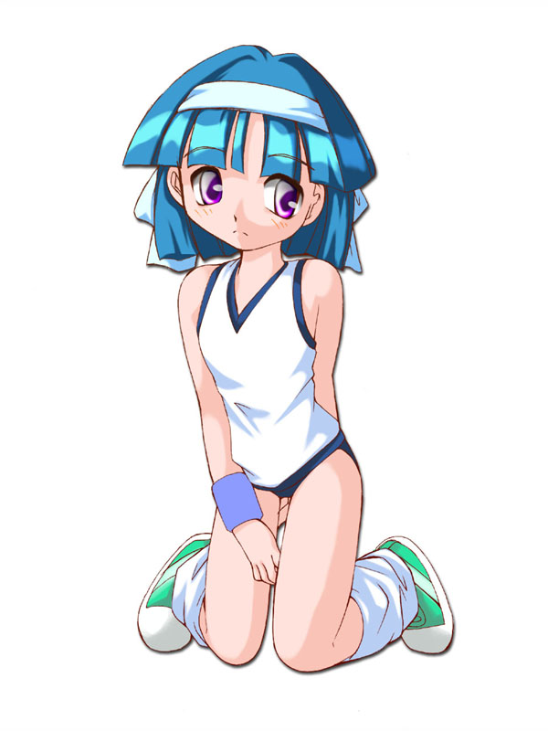 y jinn, original, 1girl, blue hair, buruma, female focus, gym uniform, hairband, loose socks, purple eyes, shoes, short hair, sneakers, socks, solo, wristband