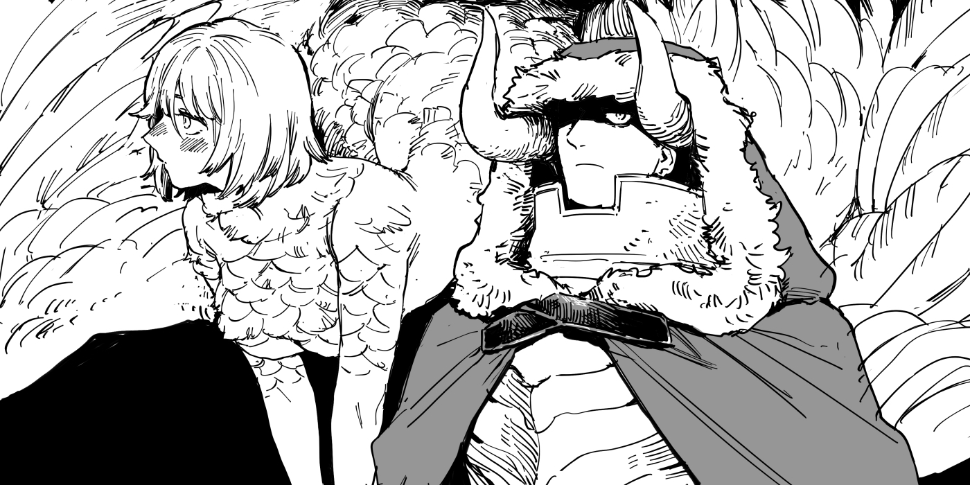 abaraya, falin touden, falin touden (chimera), laios touden (demon king), dungeon meshi, commentary request, 1boy, 1girl, armor, breastplate, chimera, cloak, dragon girl, expressionless, fake horns, feathered wings, fur-trimmed hood, fur trim, gorget, greyscale, hood, hood up, hooded cloak, horns, light blush, medium hair, monochrome, monster girl, serious, wings
