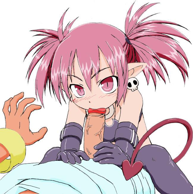 haga yui, etna (disgaea), laharl, disgaea, makai senki disgaea, colorized, jpeg artifacts, 00s, 1boy, 1girl, blush, earrings, fellatio, gloves, hetero, jewelry, loli, oral, penis, pink eyes, pink hair, pointy ears, sitting, sitting on lap, sitting on person, skull earrings, solo focus, tail, uncensored, white background
