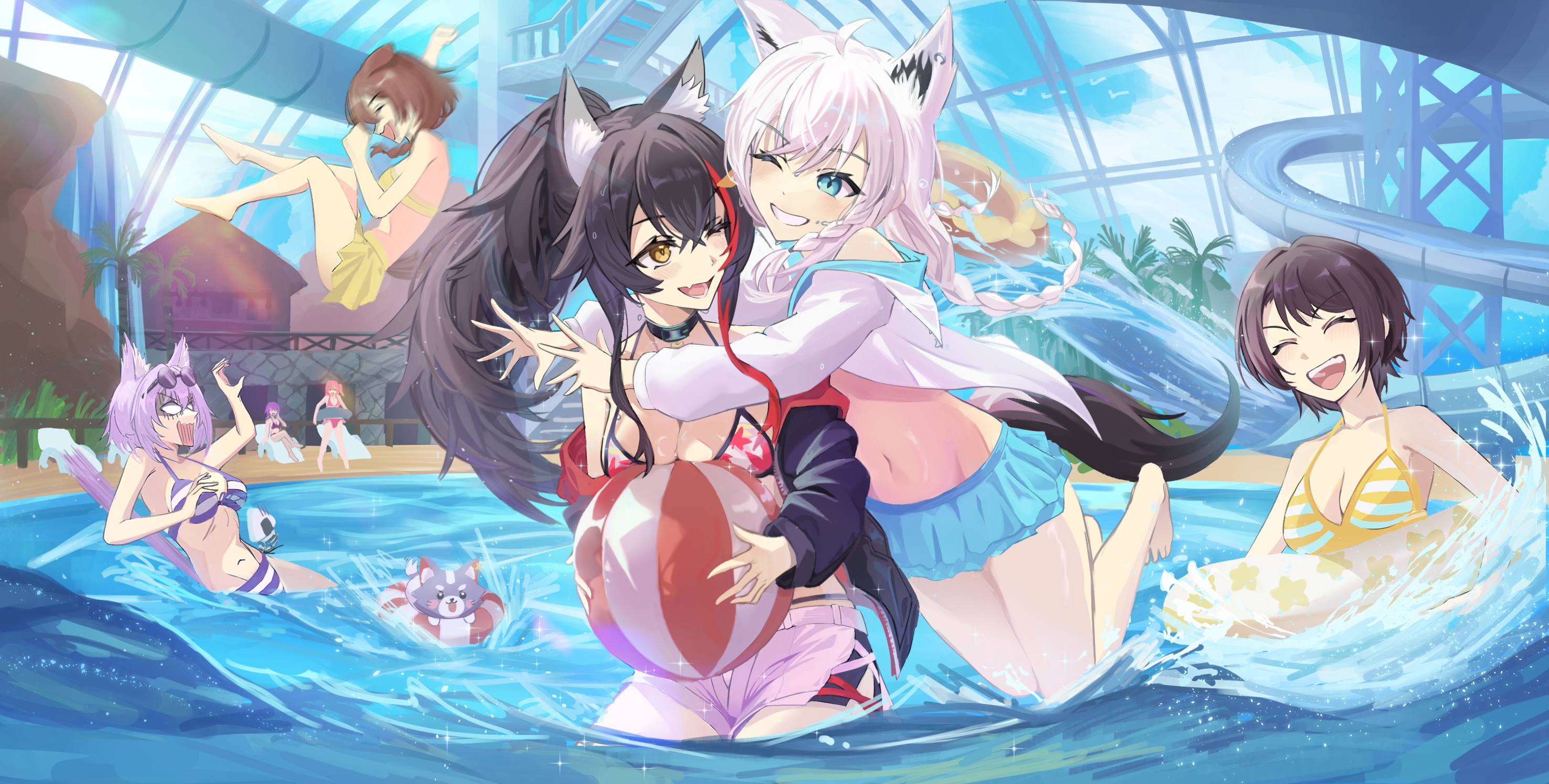 kiwamiedge, inugami korone, miofa (ookami mio), nekomata okayu, onigirya (nekomata okayu), ookami mio, ookami mio (hololive summer 2019), oozora subaru, oozora subaru (hololive summer 2019), sakura miko, shirakami fubuki, shirakami fubuki (hololive summer 2019), tokoyami towa, hololive, highres, ahoge, animal collar, animal ear fluff, animal ears, ball, beachball, bikini, bikini skirt, bikini under clothes, bikini under shorts, black collar, black hair, blue bikini, blush, bone hair ornament, braid, brown tail, cartoon bone, cat ears, cat girl, cat tail, collar, dog ears, dog girl, dog tail, fox ears, fox girl, fox tail, hair between eyes, hair ornament, hairclip, hood, hoodie, leaf print, long hair, low twin braids, maple leaf print, mascot, multicolored hair, multiple girls, open mouth, palm tree, pool, print bikini, purple hair, purple tail, shorts, side braid, single braid, smile, splashing, streaked hair, striped bikini, striped clothes, swept bangs, swimsuit, tail, tree, twin braids, two-tone hoodie, virtual youtuber, water slide, waterpark, white hair, white hoodie, white shorts, wolf ears, wolf girl, wolf tail, yellow bikini, yellow eyes