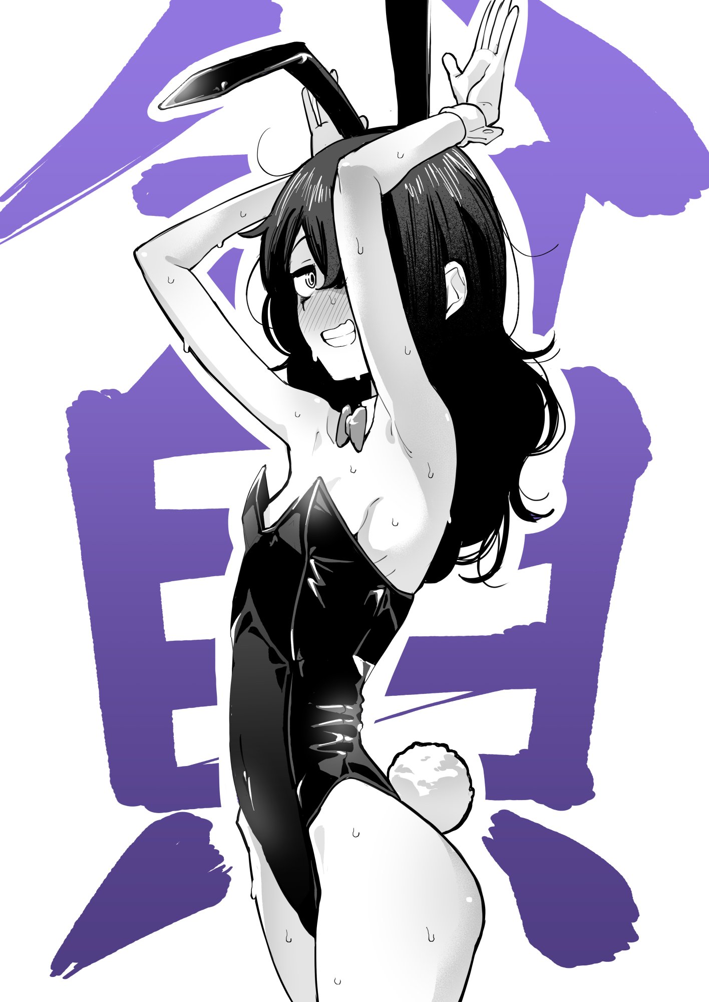 garagara tarou, original, highres, translated, 1girl, animal ears, blush, bunny day, detached collar, fake animal ears, flat chest, grin, leotard, long hair, playboy bunny, rabbit ears, skinny, smile, solo, sweat, white background, wrist cuffs
