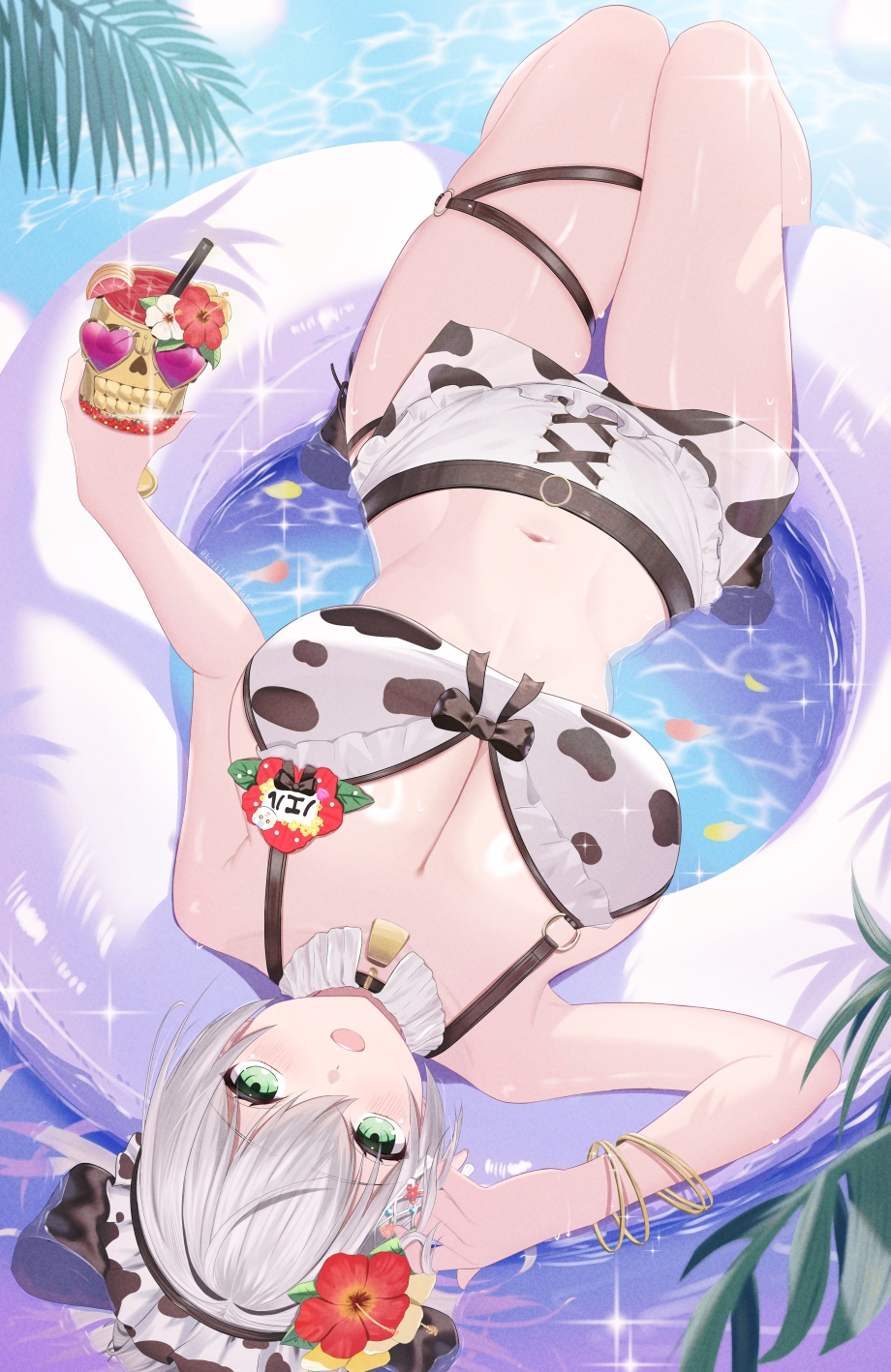 kei (keiillustrator), dokuro-kun (houshou marine), shirogane noel, shirogane noel (holonatsu paradise), hololive, holonatsu paradise, highres, 1girl, afloat, animal print, apron, bare shoulders, bell, bikini, blush, bow, bow bikini, bracelet, breasts, cleavage, collar, cow print, cow print bikini, cowbell, detached collar, flower, frilled apron, frilled bikini, frills, gold bracelet, green eyes, grey hair, hair flower, hair ornament, hibiscus, jewelry, large breasts, leaf, long hair, looking at viewer, maid apron, maid headdress, multiple bracelets, navel, neck bell, official alternate hairstyle, open mouth, print bikini, red flower, skull cup, solo, sparkle, stomach, swim ring, swimsuit, thighs, upside-down, virtual youtuber, white apron, white bikini, white collar