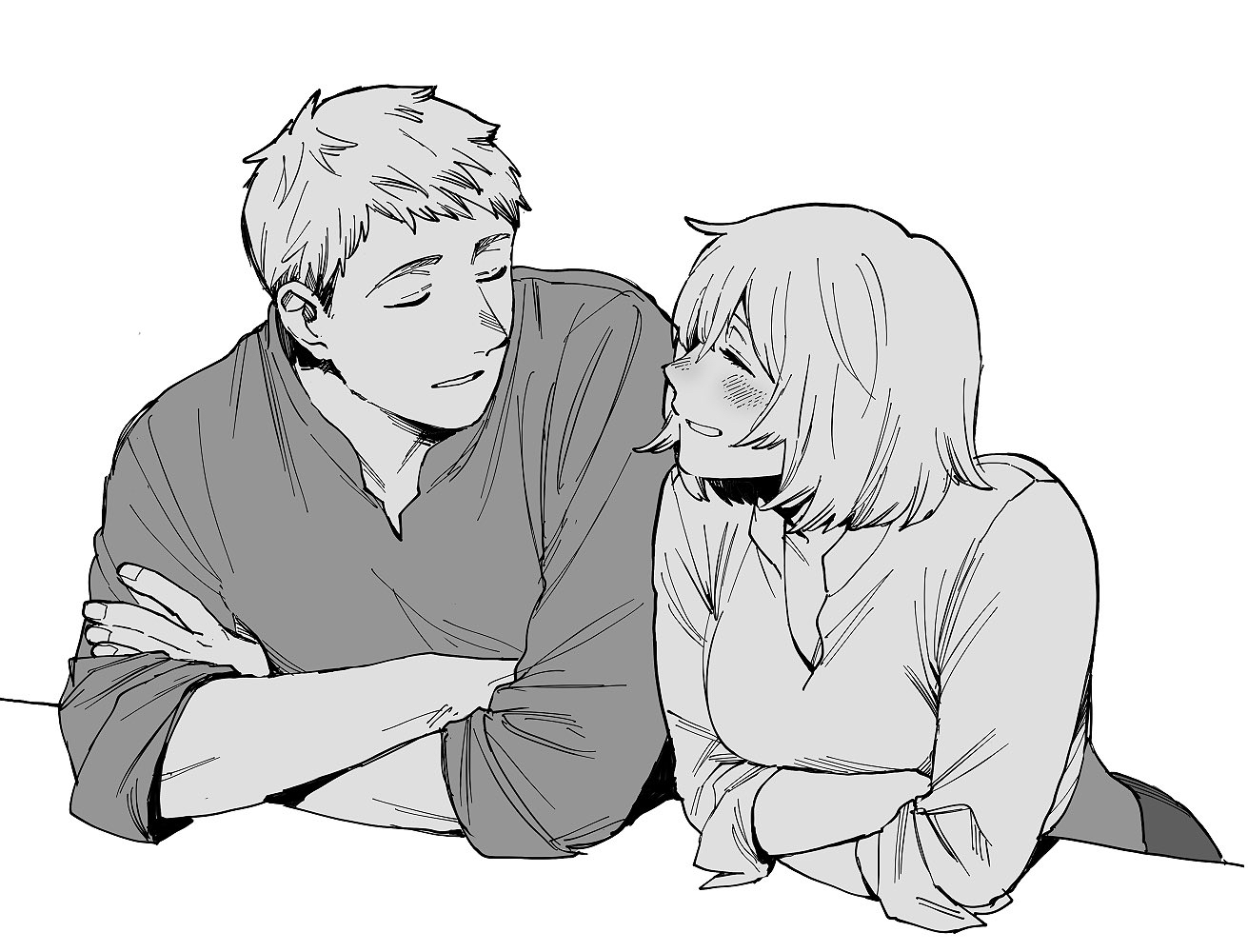 abaraya, falin touden, laios touden, dungeon meshi, commentary request, 1boy, 1girl, brother and sister, closed eyes, crossed arms, greyscale, leaning forward, light blush, medium hair, monochrome, parted lips, shirt, short hair, siblings, smile, white background