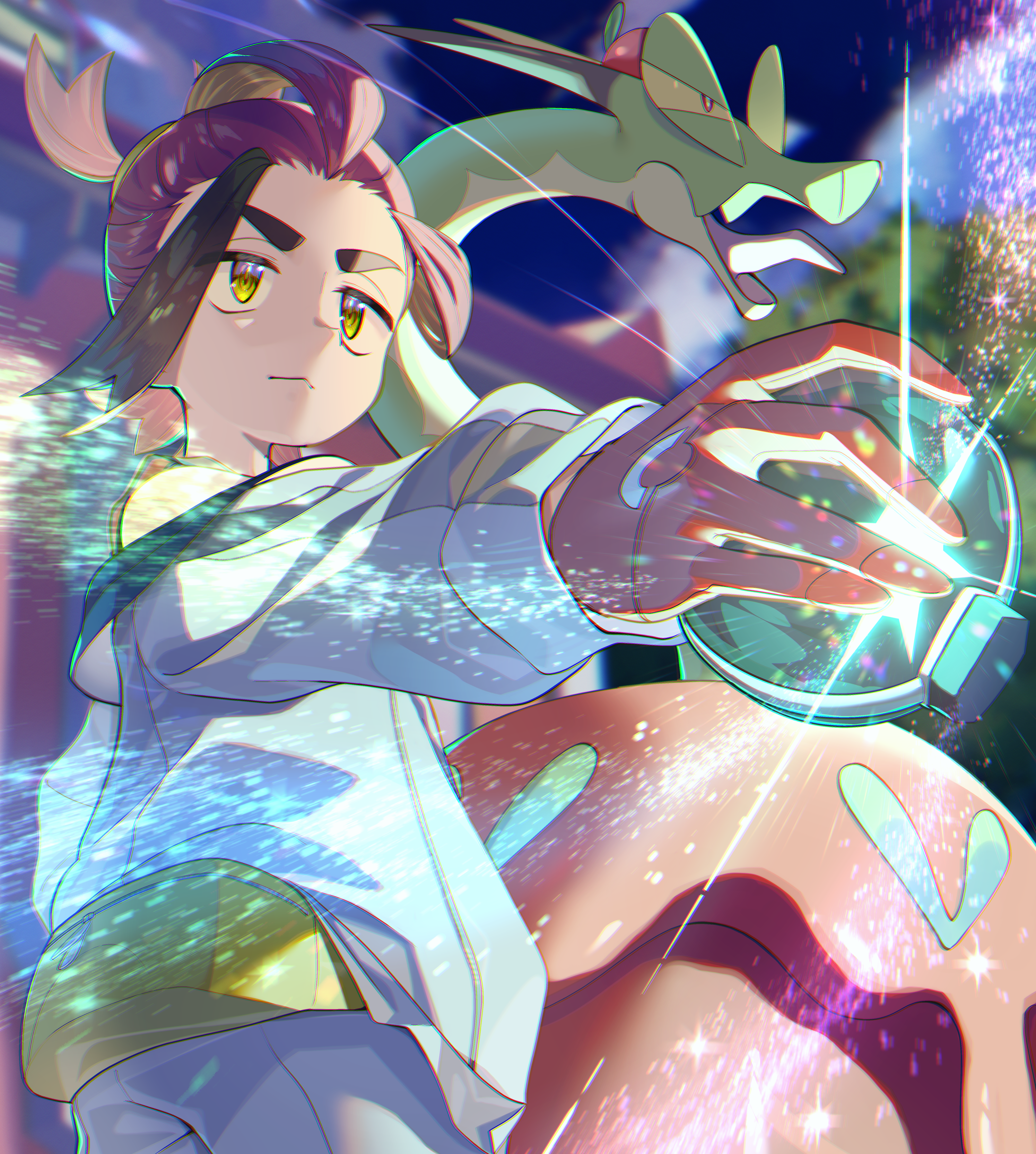 yupiteru, hydrapple, kieran (pokemon), nintendo, pokemon, pokemon sv, absurdres, commentary request, highres, 1boy, black hair, blurry, blurry background, chromatic aberration, closed mouth, cloud, fanny pack, from below, gloves, holding, holding tera orb, jacket, long sleeves, loose hair strand, male focus, multicolored hair, off shoulder, outdoors, pokemon (creature), purple hair, short hair, shorts, sky, tera orb, two-tone hair, white jacket, white shorts, yellow bag, yellow eyes