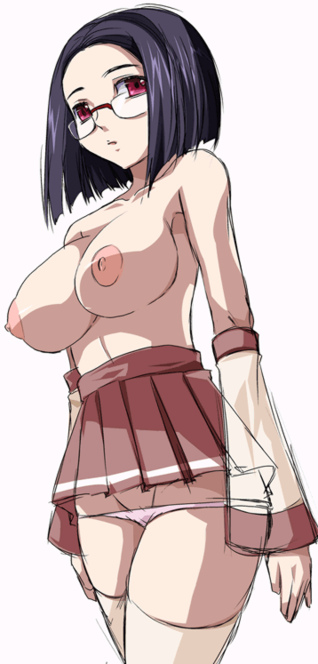 1girl, black hair, breasts, detached sleeves, female focus, glasses, large breasts, lowleg, lowleg panties, miniskirt, nipples, panties, red eyes, short hair, skirt, solo, standing, thighhighs, topless female, underwear, white panties, white thighhighs