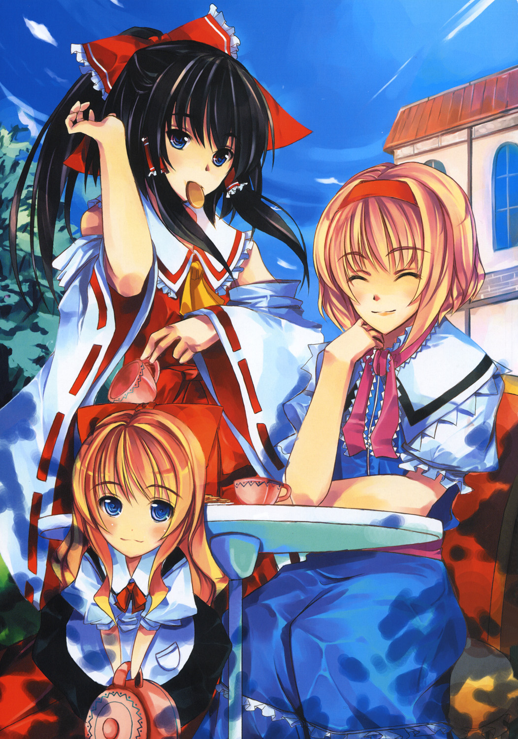 alice margatroid, hakurei reimu, shanghai doll, touhou, highres, 3girls, ^ ^, apron, ascot, bare shoulders, black dress, blonde hair, blue dress, blue eyes, blush, bow, capelet, chair, closed eyes, cloud, cookie, cup, day, detached sleeves, dress, female focus, food, hair bow, hair tubes, house, large bow, looking at viewer, mouth hold, multiple girls, outdoors, pocket, scarf, shirt, sidelocks, sitting, skirt, skirt set, sky, smile, table, teacup, teapot, tree, vest, wide sleeves