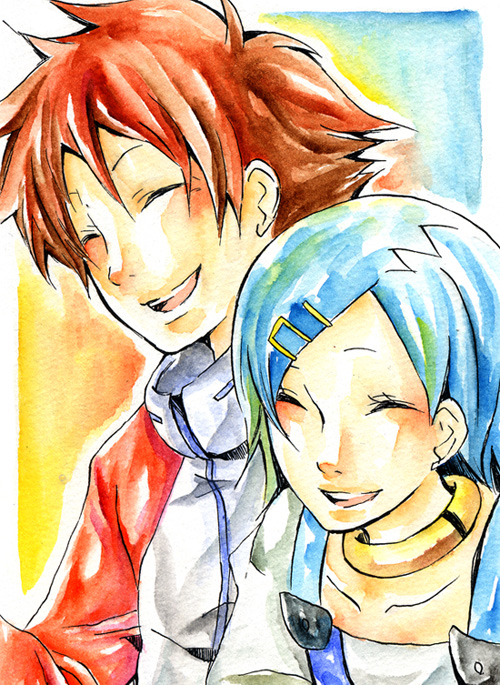 renton, eureka (eureka seven), renton thurston, eureka seven, eureka seven (series), 00s, 1boy, 1girl, :d, blue hair, blush, closed eyes, collarbone, jacket, jewelry, long sleeves, neck ring, open mouth, raglan sleeves, smile, sportswear, track jacket, zipper