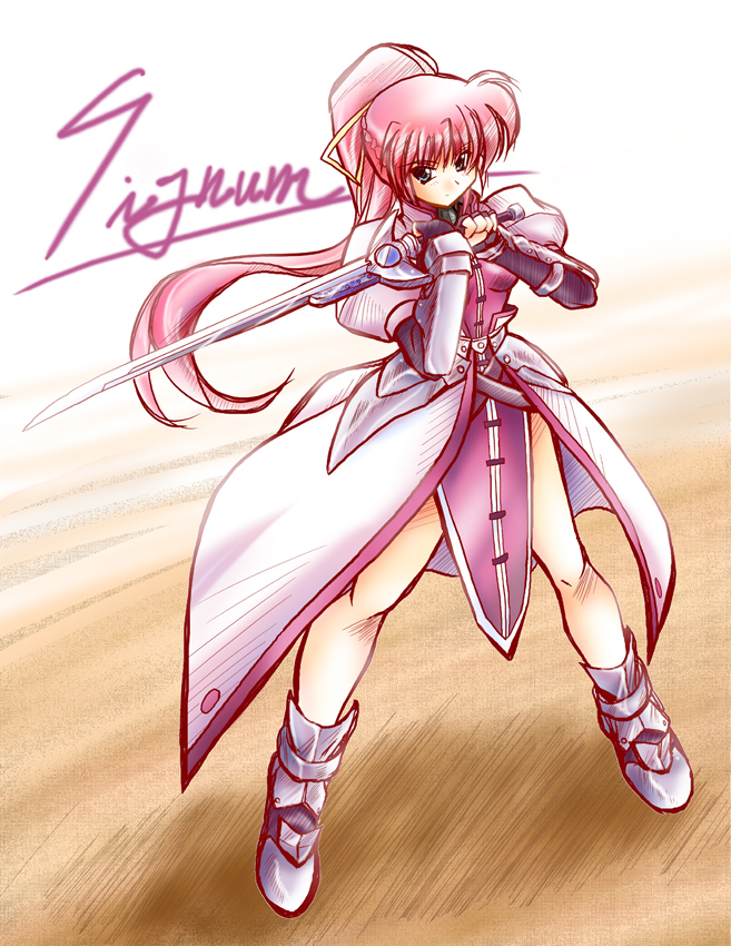 yume keikaku, yumeya honpo, laevatein (nanoha), signum, lyrical nanoha, mahou shoujo lyrical nanoha, mahou shoujo lyrical nanoha a's, 00s, 1girl, character name, female focus, fingerless gloves, gauntlets, gloves, green eyes, jacket, long hair, magical girl, open clothes, open jacket, pink hair, ponytail, purple hair, solo, sword, waist cape, weapon