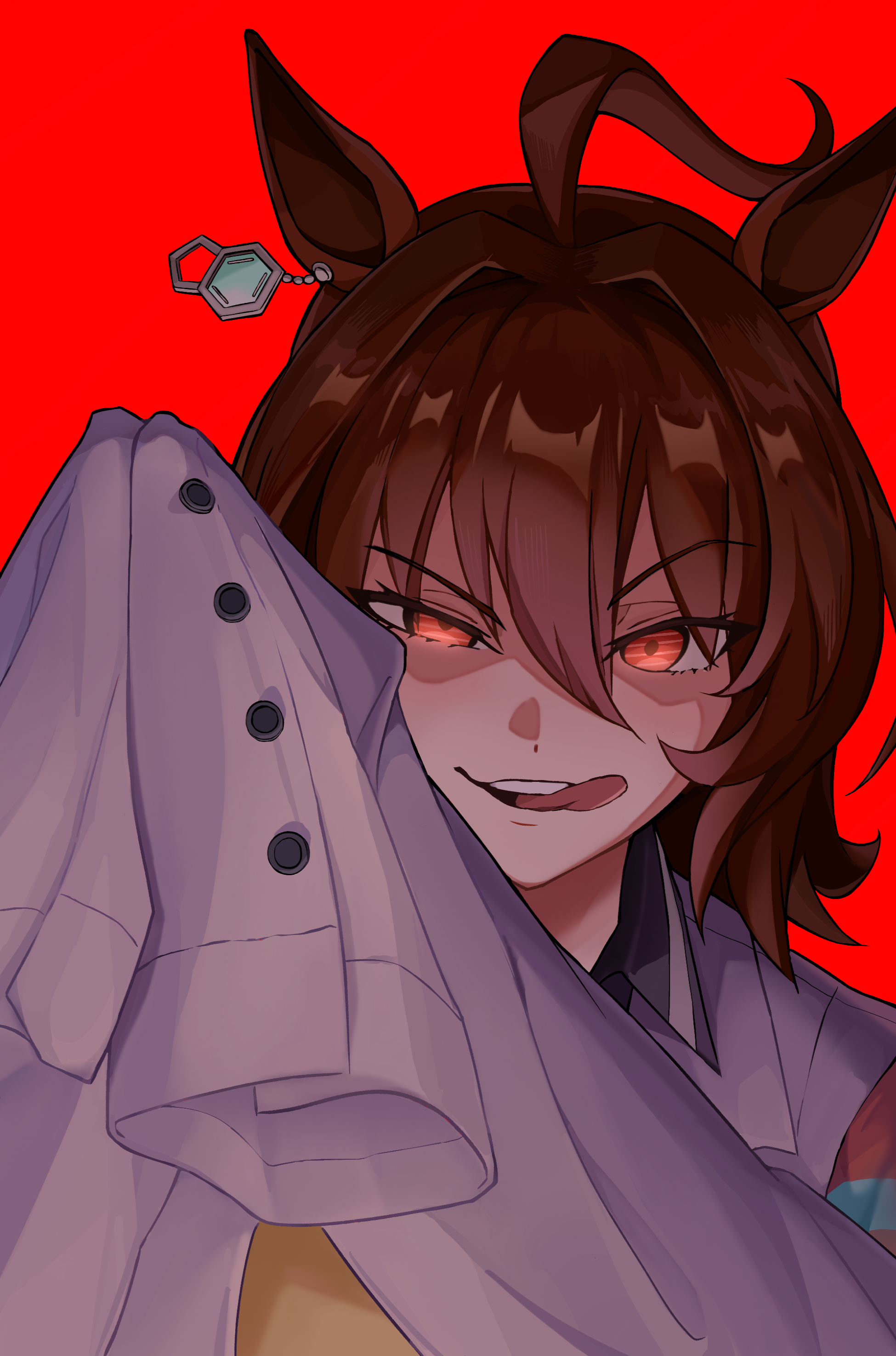 sachihiro, agnes tachyon (umamusume), umamusume, absurdres, commentary, english commentary, highres, 1girl, ahoge, animal ears, brown hair, coat, evil eyes, evil smile, hair between eyes, hair intakes, half-closed eye, horse ears, lab coat, licking lips, long sleeves, looking at viewer, meme request, red eyes, rubbing hands together, short hair, sidelocks, sleeves past fingers, sleeves past wrists, smile, solo, teeth, tongue, tongue out, upper body, upper teeth only, white coat