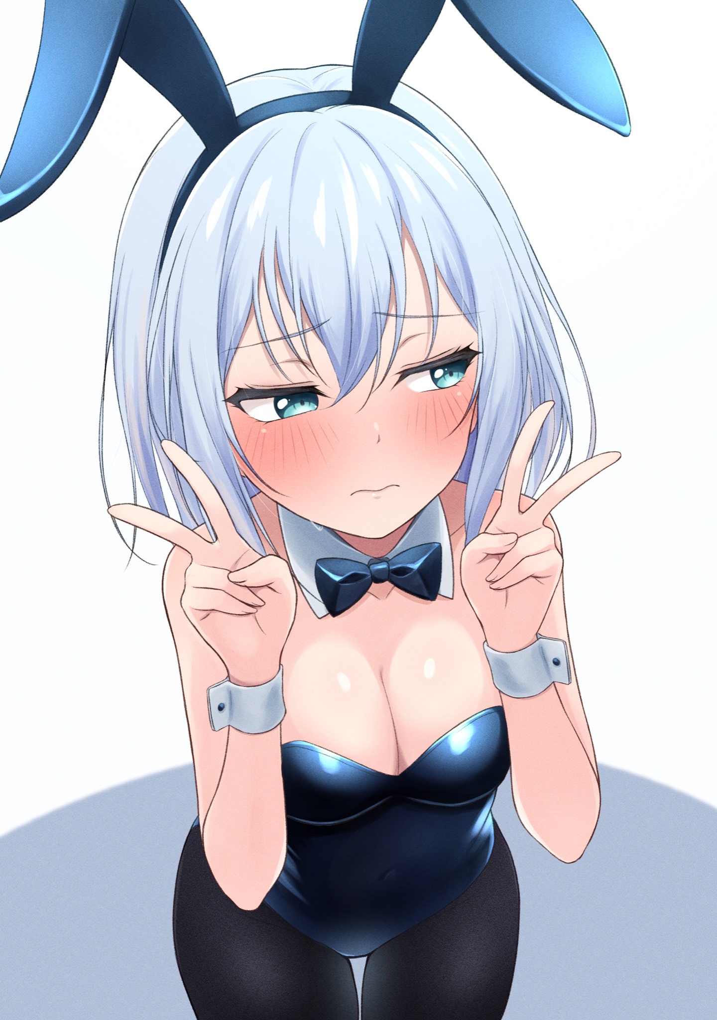 hutaba294, kurata mashiro, bang dream!, highres, 1girl, alternate costume, black bow, black bowtie, black leotard, blue eyes, blush, bow, bowtie, braid, breasts, double v, feet out of frame, leotard, looking to the side, medium breasts, pantyhose, playboy bunny, short hair, single braid, solo, standing, v, white background, white hair