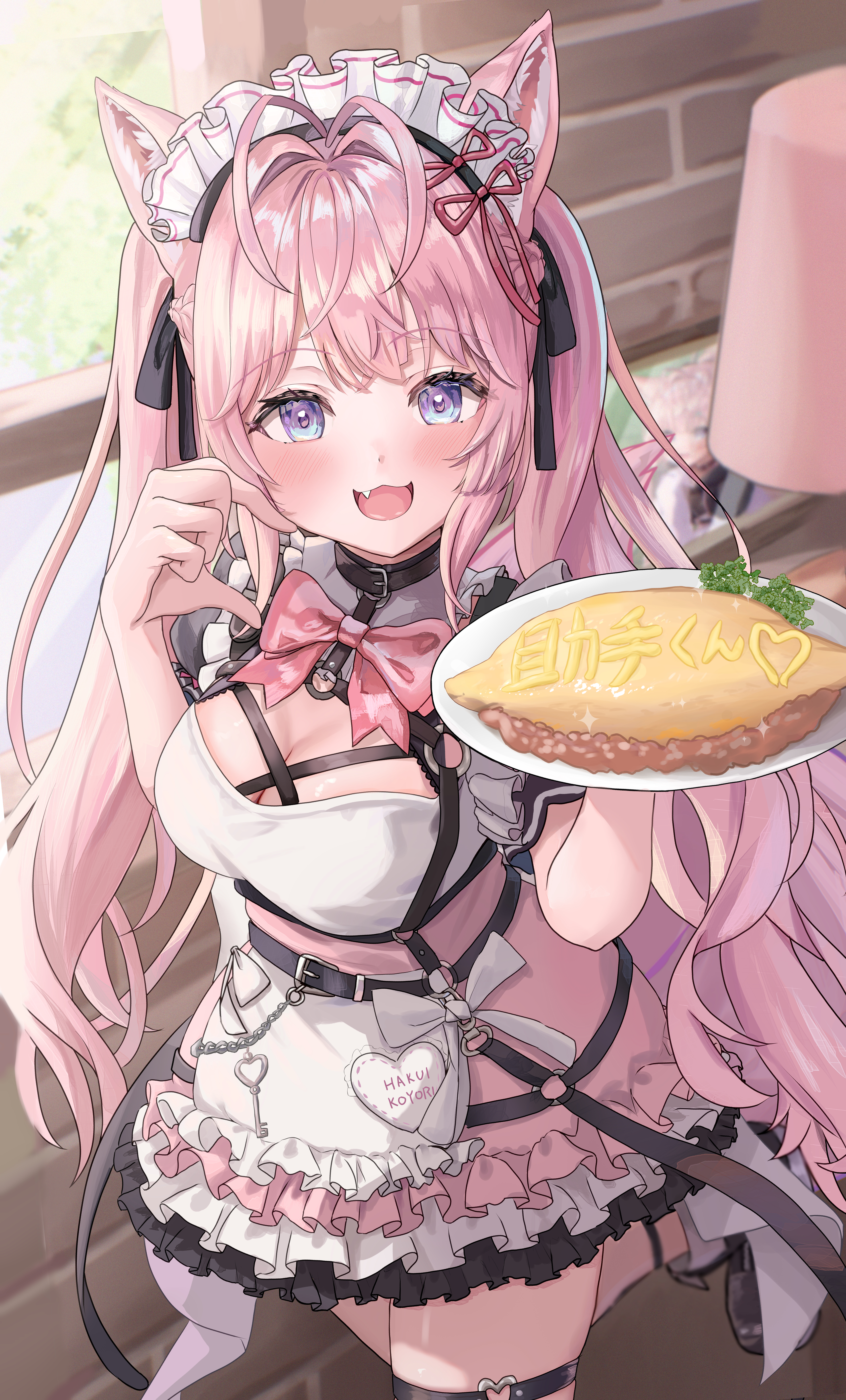 sasamin, hakui koyori, hakui koyori (dark maid), hololive, absurdres, highres, 1girl, animal collar, animal ears, antenna hair, apron, black ribbon, blush, bow, bowtie, breasts, cleavage, collar, dress, fang, food, frilled apron, frills, hair ornament, hair ribbon, happy, harness, heart, heart o-ring, long hair, looking at viewer, maid, multicolored eyes, o-ring, o-ring harness, official alternate costume, omelet, open mouth, pink bow, pink bowtie, pink dress, pink hair, pink tail, ribbon, skin fang, smile, solo, standing, tail, virtual youtuber, wolf ears, wolf girl, wolf tail
