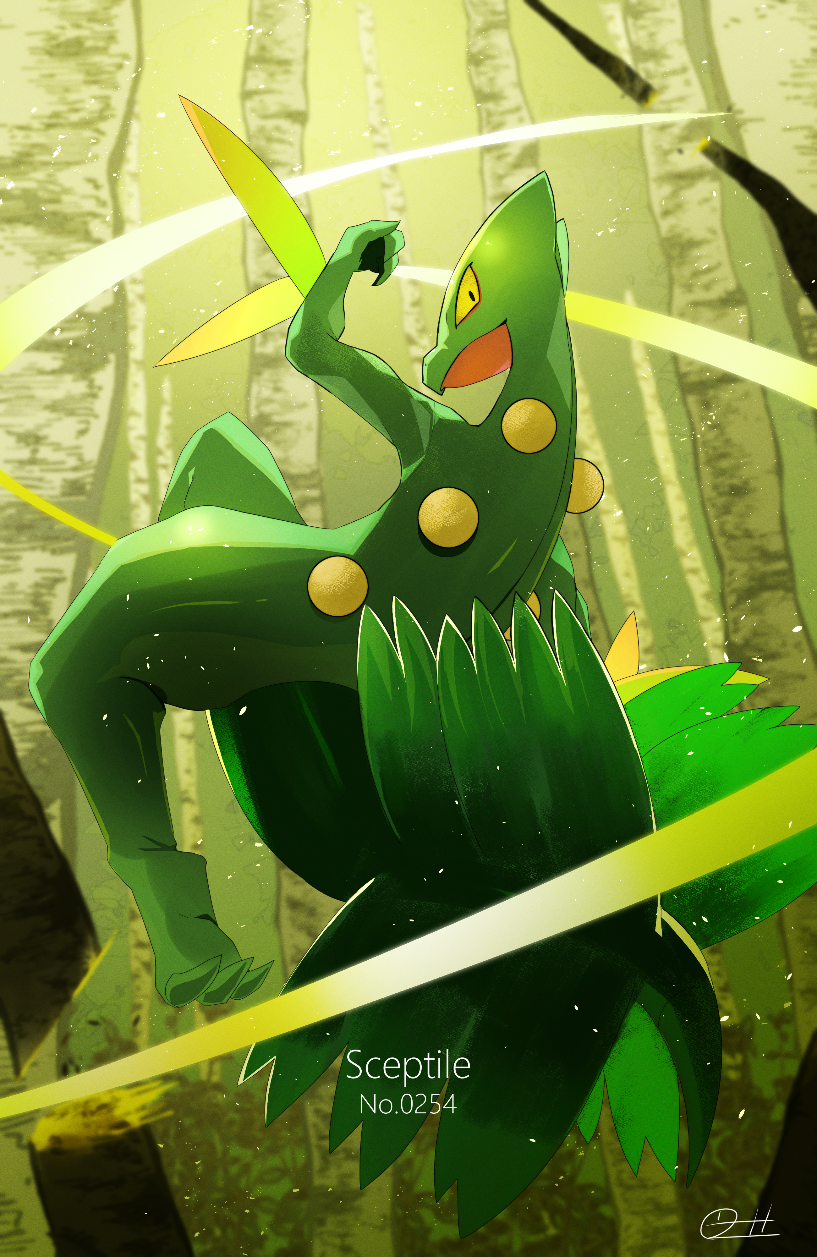 zeroartwo, sceptile, nintendo, pokemon, absurdres, commentary request, highres, arm up, character name, closed mouth, day, gen 3 pokemon, looking back, no humans, outdoors, pokedex number, pokemon (creature), pokemon focus, signature, solo, tree, yellow eyes