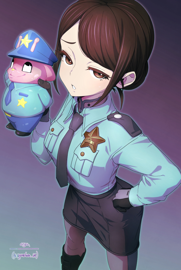 uganda (ugandam 00), kanzaki ryouko, milky galactic universe, milky subway, 1girl, boots, breasts, brown eyes, brown hair, collared shirt, cowboy shot, from above, gloves, gradient background, hair bun, hand on own hip, long sleeves, looking at viewer, medium hair, necktie, open mouth, pantyhose, pencil skirt, police, police uniform, policewoman, shirt, sidelocks, skirt, small breasts, solo, stuffed animal, stuffed rabbit, stuffed toy, swept bangs, thigh boots