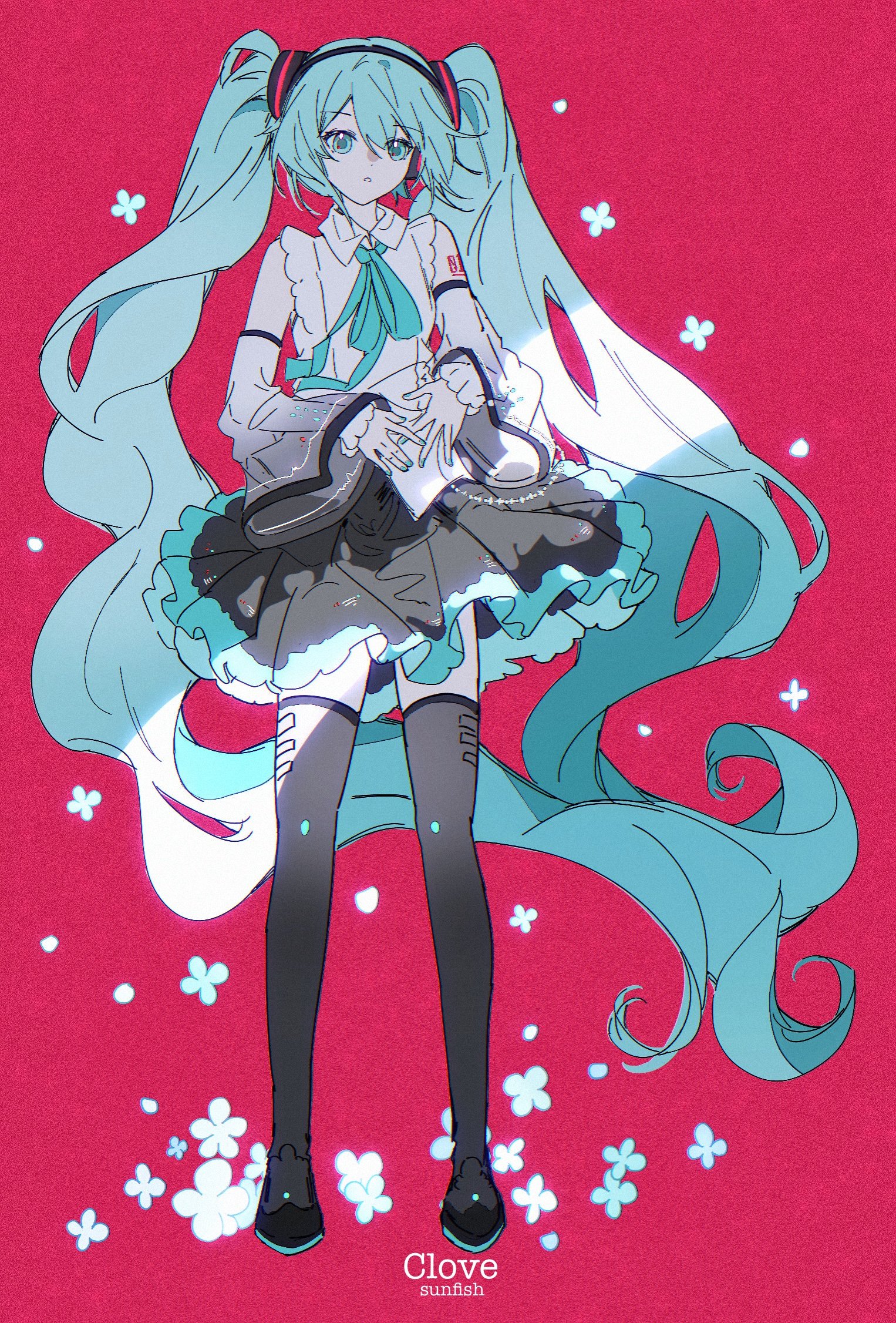 sunfish3939, hatsune miku, vocaloid, commentary, highres, 1girl, bare shoulders, black boots, black skirt, blue eyes, blue hair, blue ribbon, boots, collared shirt, detached sleeves, double-parted bangs, full body, hair between eyes, long hair, long sleeves, looking at viewer, neck ribbon, parted lips, pleated skirt, red background, ribbon, shirt, simple background, skirt, sleeveless, sleeveless shirt, solo, standing, thigh boots, thighhighs, twintails, very long hair, white shirt, wide sleeves, zettai ryouiki