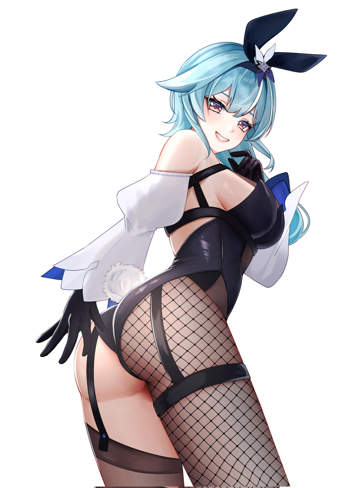 gnsn tukituki, eula (genshin impact), genshin impact, highres, 1girl, alternate costume, animal ear hairband, animal ears, ass, black gloves, black hairband, black leotard, blue eyes, blue hair, breasts, bunny day, chest harness, clenched teeth, detached sleeves, fake animal ears, gloves, hairband, harness, large breasts, leotard, looking at viewer, looking back, medium hair, purple eyes, rabbit ear hairband, rabbit ears, simple background, single fishnet legwear, smile, solo, strapless, strapless leotard, teeth, white background, white sleeves