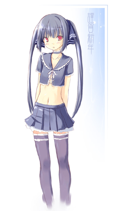 poco (asahi age), kooh (pangya), pangya, 1girl, black thighhighs, blue hair, collar, collarbone, female focus, frilled thighhighs, frills, hair ribbon, long hair, looking at viewer, midriff, navel, no bra, pleated skirt, red eyes, ribbon, skirt, solo, thighhighs, twintails