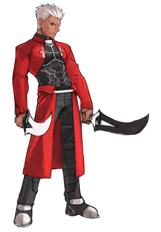 yu 65026, archer (fate), fate/stay night, fate (series), 00s, 1boy, dark-skinned male, dark skin, dual wielding, full body, holding, long sleeves, male focus, scimitar, simple background, solo, standing, sword, weapon, white hair