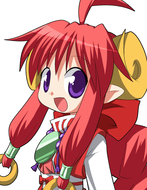 pink bloom miyabi, shinrabanshou, 1girl, :d, ahoge, female focus, horns, japanese clothes, looking at viewer, low twintails, o-ring, open mouth, pointy ears, purple eyes, red hair, sash, short twintails, simple background, smile, solo, twintails, white background