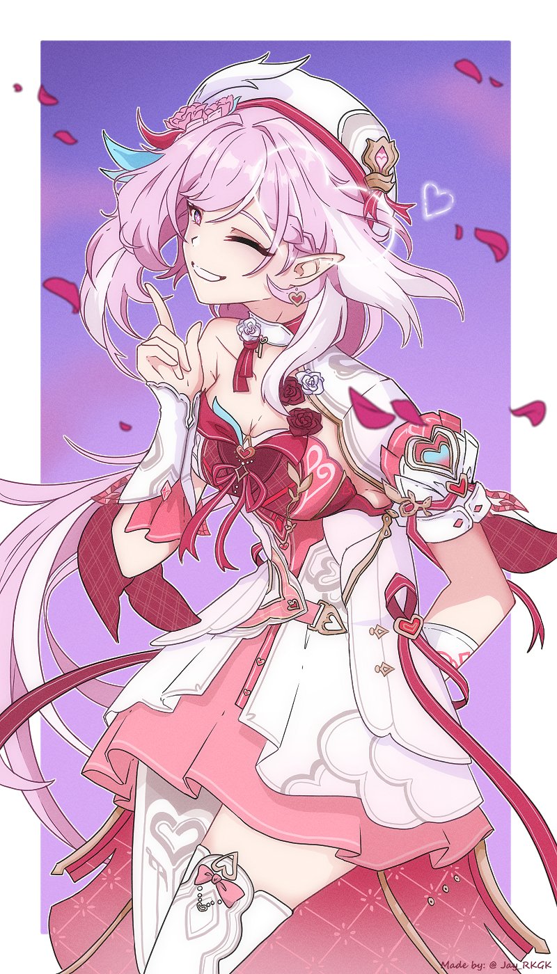 jay rkgk, elysia (honkai impact), honkai (series), honkai impact 3rd, hashtag-only commentary, highres, 1girl, ;), border, breasts, cleavage, diamond-shaped pupils, diamond (shape), dress, earrings, elf, hat, heart, heart earrings, jewelry, long hair, medium breasts, multicolored hair, one eye closed, pantyhose, pink dress, pink hair, pointy ears, purple background, purple eyes, red dress, single leg pantyhose, single thighhigh, smile, solo, symbol-shaped pupils, thighhighs, thighs, two-tone hair, very long hair, white border, white hair, white hat, white pantyhose, white thighhighs